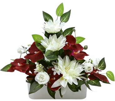 Jardinera Flor Artificial para Cementerio con Orquídeas Granates, Arreglo Floral Decorativo Blanco y Burdeos