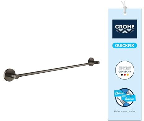 GROHE Start, Handtuchhalter ohne Bohren (für ein großes Handtücher, 65cm breit, zum Kleben oder Bohren, mit Dübel und Schrauben, ohne Kleber, verdeckte Befestigung), hard graphite, anthrazit, 41178AL0