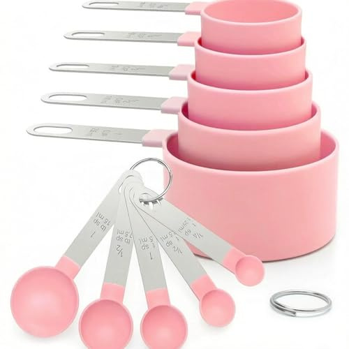 Messlöffel Set, Messbecher Set, 10 Teiliges, Inklusive 5 Measuring Cups und 5 Löffel, für Flüssigkeiten und Feststoffe, Dosierlöffel für Backmessen (Rosa)