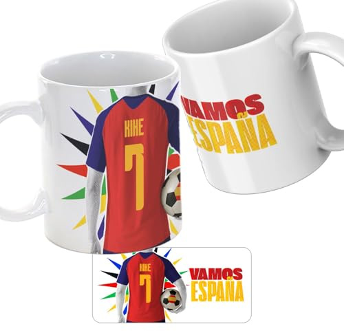 PROMO SHOP - Taza Personalizada con Nombre y Número de España, Posavasos de Regalo, Mundial 2026, Copa del Mundo Fútbol, Taza de la Selección Española, Regalos Originales, 350 ml