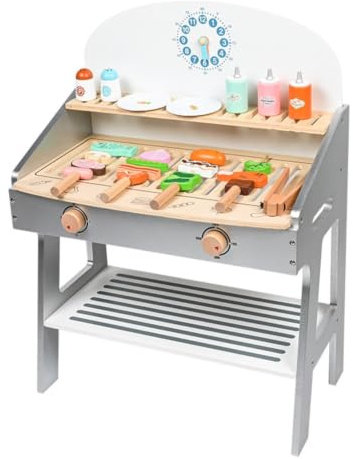 Jiuvaso Cucina Giocattolo per Bambini Barbecue in Legno con Griglia Piano a Fessure Ripiano Inferiore a Doghe Manopole Rotanti Accessori Spiedini Design