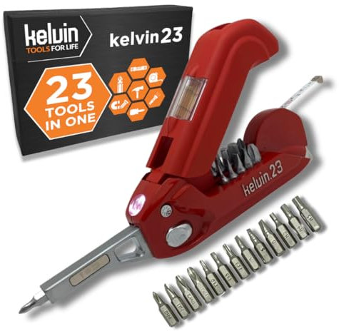 Kelvin Tools Kelvin23 | The Palm-Sized Urban Ultra Multi-Tool Set | 23 Integrated Tools: 16 Bit Screwdriver Set, Tape Measure, Liquid Level, Hammer, and Flashlight (Red)