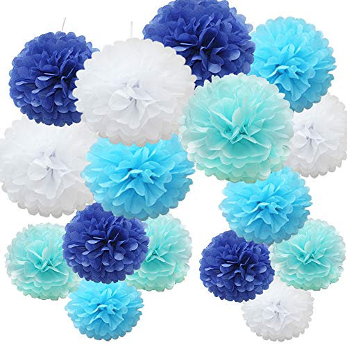 Time to Sparkle 16pcs Mix Tissue Paper Pompoms Pom Poms Flower Handmade Wedding Party Decorations Balls, Baby Blue Shade