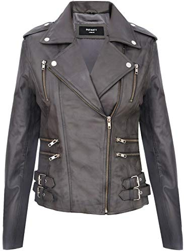 Ladies Retro Grey 100% Nappa Leather Biker Jacket S