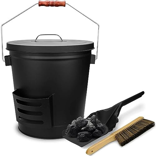 GFTIME Ascheeimer mit Schaufel, Reinigungsbürste, Kohleeimer Set mit Handfeger und Kaminschaufel, Kohleschaufel, Henkel Kehrgarnitur, Ascheschaufel mit Deckel für Kamin und Grill Kehrset