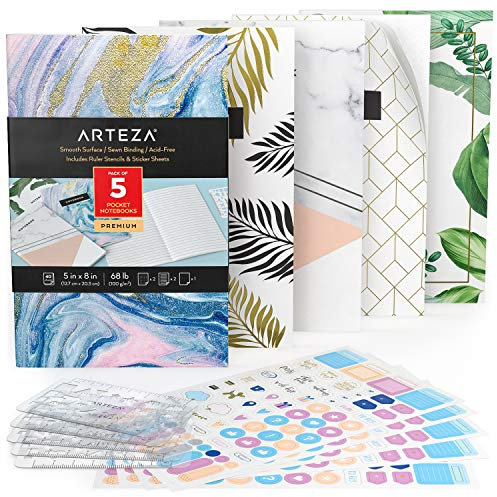 ARTEZA Notizbücher 5er-Set, 12.7 x 20.32 cm, 2x Notizbuch liniert, 2x Bullet Journal und 1x Notizbuch weiße Seiten unliniert, fadengenähte Bindung und dickes Papier