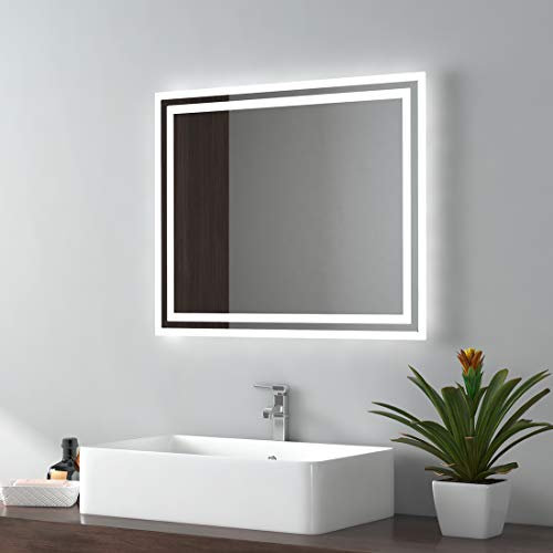 EMKE Badspiegel mit Beleuchtung 50x60cm, Badezimmerspiegel mit Kippschalter+Beschlagfrei+2 Lichtfarbe Warmweiß/Kaltweiß, Horizontal/Vertikal LED Badspiegel Energiesparend