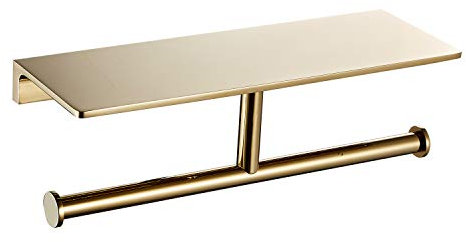 NSODOO Doppelrollen-Toilettenpapierhalter mit Ablage aus massivem Messing und erstklassigem Papiertaschentuchspender im Hotelstil, verschonte Aufbewahrung, Poliertes Gold-Finish