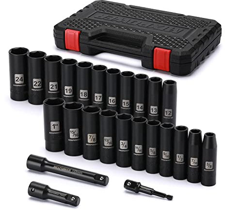 MIXPOWER 25 Pieces 1/2-Inch Drive Deep Impact Socket Set, CR-V, Metric/SAE, Includes 12mm to 24mm, 3/8-Inch to 1-Inch, 3, 5 Extension bars, 1/2-1/4 Adapter
