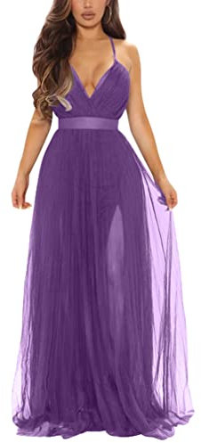 XXTAXN Robe longue sexy avec col en V profond pour femme, violet, Taille M