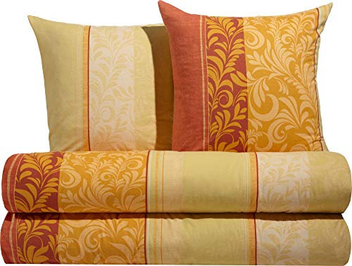Erwin Müller Flanell Bettwäsche, Bettgarnitur mit eleganten Ranken gelb-orange Größe 80x80 cm / 155x220 cm - temperaturausgleichend, mit Reißverschluss, 100% Baumwolle