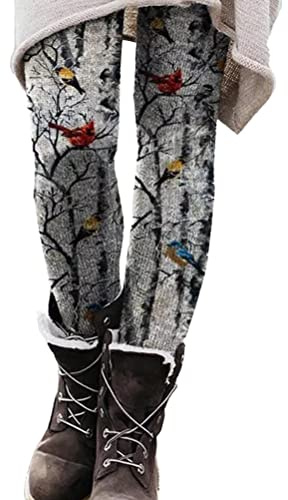 Onsoyours Winter Leggings Stretch Damen Gefüttert Hosen Sporthose High Waist Drucken Freizeithose Verdicken Warme Winterhose Dicken Skinny Jogginghose Laufhosen D Vogel L
