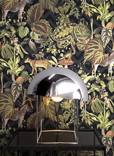NEWROOM Tapete Schwarz Vliestapete Dschungel - Dschungeltapete Floral Grün Blumen Blätter Blumentapete Tropisch Mustertapete schwarz inkl. Tapezier-Ratgeber