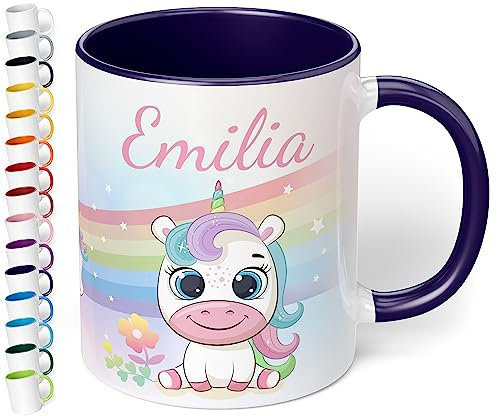 Kinder-Tasse mit Namen „Einhorn mit Regenbogen-Motiv“ – personalisierte Tasse für Jungen und Mädchen - rundum bedruckt – schönes Geschenk zu Weihnachten, Geburtstag (Kobaltblau)