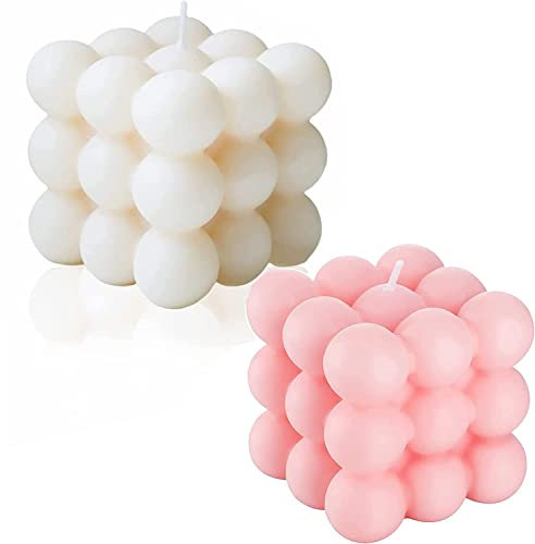 Nowanda Sojawachskerze 2er Pack, Bubble-Kerze, Würfel-Kerze (Weiß+Rosa, Natürlich duftend)