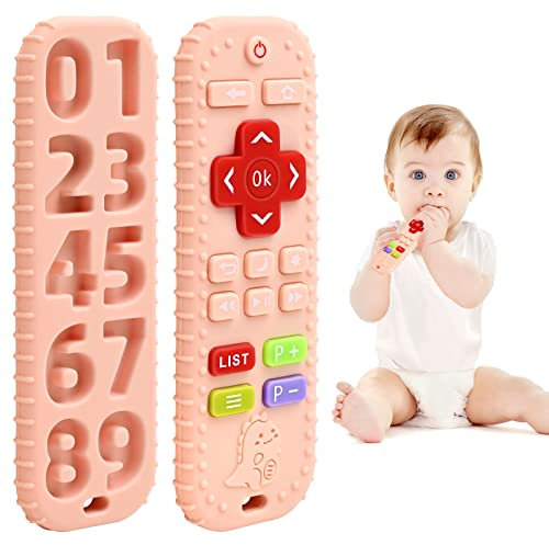Zahnen Beißringe Spielzeug für Babys 0-6-12 Monate Geschenke, Fernbedienung Baby Zahnungshilfe für 3 6 9 Monate Kleinkind Autismus, Lebensmittelqualität Silikon Badespielzeug, Rosa