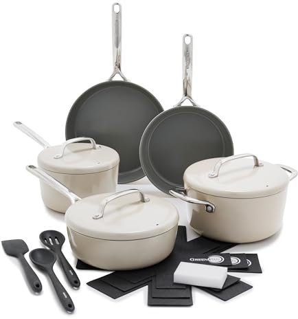 GreenPan GP5 - Juego de ollas y sartenes antiadherentes de cerámica anodizada dura y saludable, 15 piezas, resistente a los arañazos, superficie plana, inducción, mango con acabado espejo, apto para