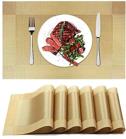 fanquare Platzsets 45x30 cm, Abwaschbare PVC Tischsets für Esstisch, Gewebte Vinyl Tischmatten Hitzebeständig, Abwischbar, 6er Set(Gold)