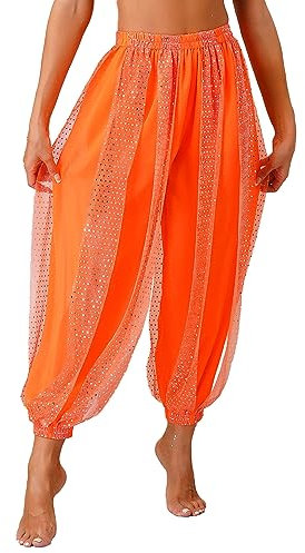 Aiihoo Damen Pailletten Pants Bauchtanz Hosen Pumphose Haremshose Tanzhose Party Leggings Tanzkleidung Loose Yoga Bloomers Orange Einheitsgröße