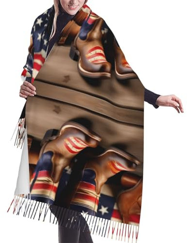 Bandiera americana con stivali da cowboy lavorata a maglia, sciarpa calda, scialle da donna, accessorio elegante e accogliente per donne alla moda, Bandiera americana con stivali da cowboy, taglia