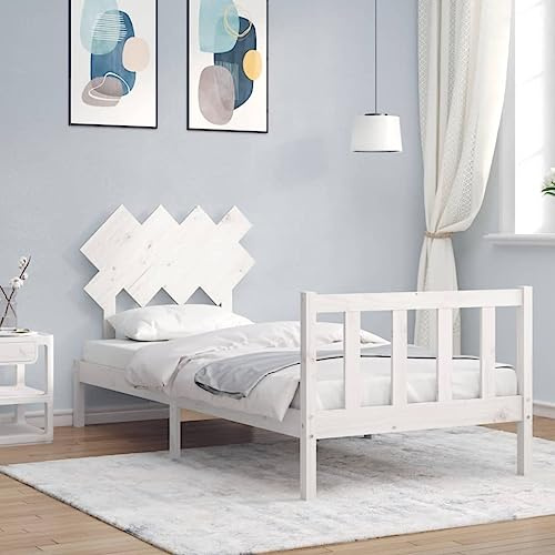 vidaXL White Single Bed Frame Base with Durable Solid Pinewood Construction, Functional Headboard & Footboard, Plywood Mattress Support Slats