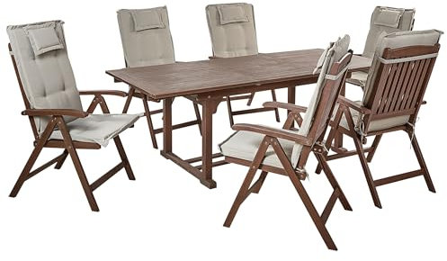 Beliani Gartenmöbel Set Holz Dunkelbraun Ausziehtisch 6xStuhl Auflage beige-grau Amantea
