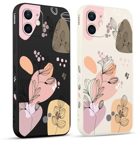 Pnakqil 2 stück Handyhülle für Apple iPhone 12 Mini 5.4,Hülle Blätter Zeichnung Bemaltes Muster süß Aesthetic Silikon Schutzhülle Tasche Schön Mädchen Kameraschutz Stoßfeste Case