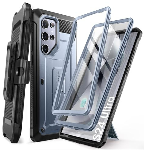 SUPCASE für Samsung Galaxy S24 Ultra Hülle Bumper Case mit 2 Vorderseite (ohne Displayschutz + mit Displayschutz) Outdoor Handyhülle mit Gürtelclip und Ständer [UBPro] für S24 Ultra, Blau