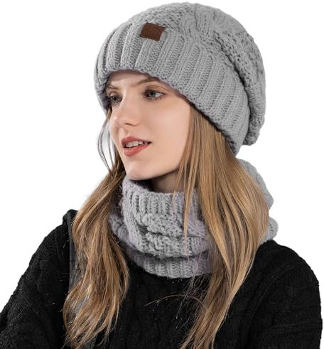 AYPOW Damen mütze schal set winter, Warme Wintermütze Loop Schal mit Fleecefutter, Winterset Damen Weichem Stricken Beanie Hüte Schlauchschal Set Damenmützen Strickschal Geschenk Frauen