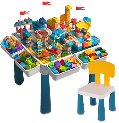 Sinbide 7-in-1 Kindertisch, Kindertisch & Stuhl Set Bausteintisch, Multifunktionaler Aktivitätstisch, Lernspielzeug für die kindliche Entwicklung, Doppelseitige Tischplatte (Mit 548 Spielbausteinen)