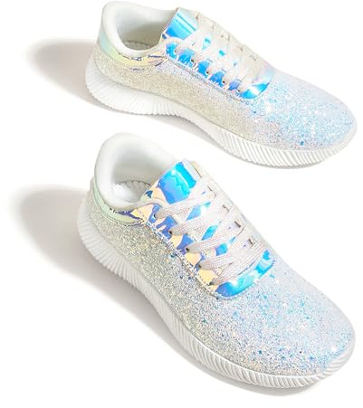 LUCKY STEP Women's Glitter Trainers, Sparkly Lace-Up Shoes | Sparkly glitter upper, cushioned insole, soft interior, lace-up fit and textured rubber sole for parties and casual wear.