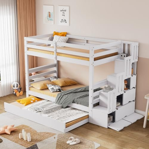 LATICO Kinderbett Etagenbett 90x200 mit Rollbett 90x190, Hochbett Hausbett mit Treppe Schließfächer Stauraum, Holzbett Bettgestell Kinderbett mit Rausfallschutz und Lattenrost, Ohne Matratze, Weiß