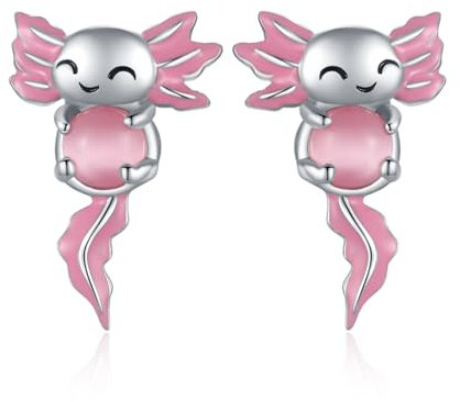 Axolotl Ohrstecker für Frauen 925 Sterling Silber Rosa Mondstein Ohrringe Katzenaugenstein Hypoallergen Tier Ohrringe Mexikanischer Axolotl Schmuck Geschenke für Frauen Teen Mädchen