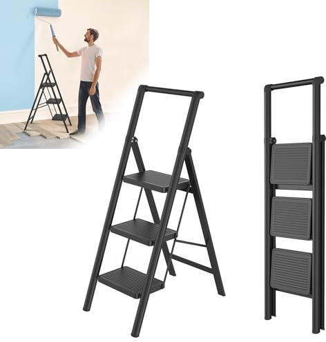 Froadp Escalera plegable con 3 peldaños, antideslizante, de hierro, multifuncional, con pasamanos, taburete para casa, cocina y exterior, soporta hasta 250 kg