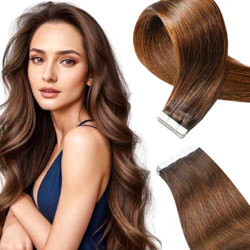 Qingliang Tape Extensions Echthaar Mittel Braun Tape in Extensions Seamless 35cm Haarverlängerung Echthaar Tape in Braun Hair Extensions Remy Human Hair Glatt 20pcs 40g #4 Mittel braun 35cm