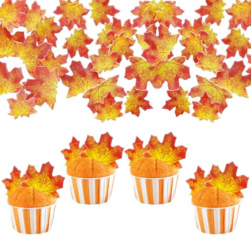 Gyufise 50Pcs Edible Fall Leaves Cupcake Toppers Gold Leaf Cake Toppers Autumn Maple Leaves Wafer Rice Paper Cake Decorations for Thanksgiving Wedding Birthday Party Cake Decorations Red