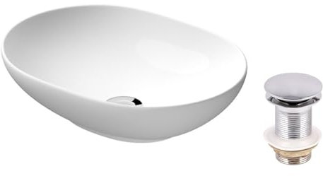 VBChome Waschbecken 50 x 38 cm Keramik Weiß Oval Waschtisch Handwaschbecken Aufsatzwaschbecken Komfortabel Modern Elegant Waschbecken mit Click-Clack Chrom