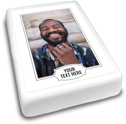 Cakeshop Portrait Personalised Edible Cake Topper With White Border & Text Banner | Custom Image & Text | For Birthdays & Celebrations | Multiple Shapes & Sizes | Icing & Wafer Paper Options