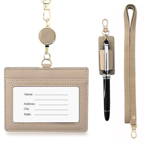 Boshiho Porta badge in vera pelle bovina, porta carte di credito, porta carte di credito con 1 finestra di identità, 1 scomparto per carte di credito, 1 cordino elasticizzato e 1 portapenne (grigio)