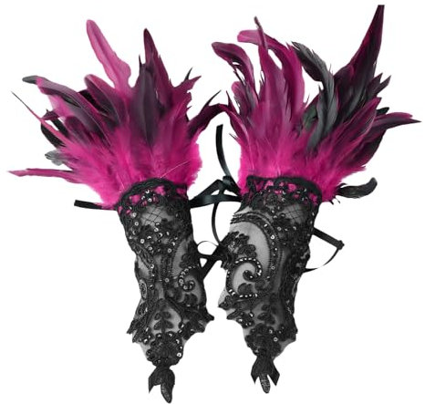 Lufdegim Damen Spitze Feder Fingerlose Handschuhe, Mesh Feder Lange handschuhe für Karneval, Halloween, Hochzeit Kostüm Zubehör (Rose Rot, 36cm)