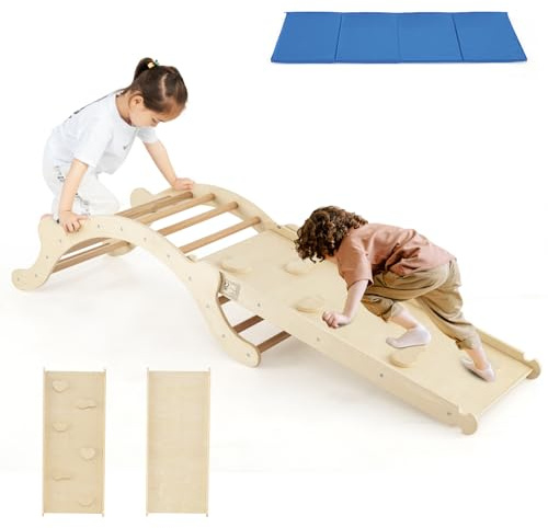 DREAMADE Arche d'escalade avec Toboggan, 4 en 1 pour Bebe 1+ Ans, Triangle en Bois Charge Max. 60KG avec Rampe Double Face & Coussin, Jouet Montessori Bascule (Naturel-Version améliorée)