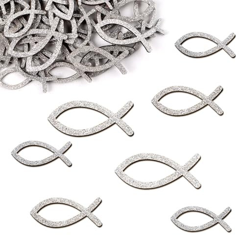 MEJOSER 60 Stück Holz Kommunion Deko 5/4/3.5cm mit Glitzer Konfirmation Taufe Tischdeko Konfetti Fische Holzfisch Deko Streudeko Erstkommunion Deko für Junge Mädchen Glitzer Silber mit Box (Silber)