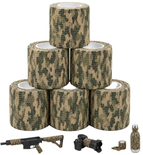 CUEMOON 6 Rollen Selbstklebende Tarnbandage Camouflage Tape Multifunktionales Stealth Vliesstoff Tarnung Band Camo Stretch Bandage für Taschenlampe Teleskop Fahrrad Jagd Kamera
