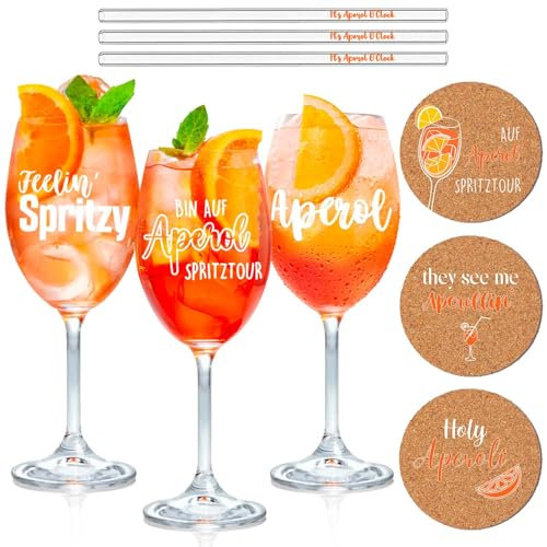 YYSWSAKY 3er Set Aperol Spritz Gläser Geschenkset - Premium Aperol Gläser∣It’s Aperol O’Clock Glasstrohhalme∣Korkuntersetzer, Ideal Geeignet für Aperol-Fan