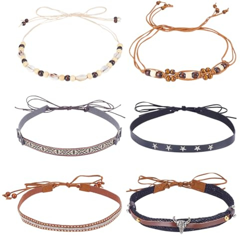 HOBBIESAY 6Pcs Imitation Leather Cowboy Hat Bands with Wooden Beads Hats Bands for Women Western Cowgirl Hat Belt Mixed Color Headband Strap Accessories for DIY Cowboy Hats Decoration