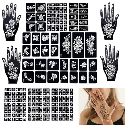 247 Stück Temporäre Tattoo Schablonen Kunststoff Schablonens Set, Hochwertige Henna Schablonen, Tattoo Schablonens für Hände Unterarm, Semipermanente Wirkung, für Mädchen Teens Face Paint Body Art