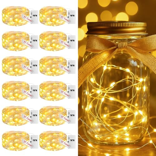 btfarm Fairy Lights Battery Operated with Timer, 12 Pack 2M 20 LED String Light Battery Powered, 3 Modes Waterproof Silver Wire Small Lights Indoor Outdoor Decor for Jars Bottle Christmas, Warm White