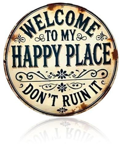 AFIODA Welcome Sign Retro Decor Welcome to My Happy Place Sign Decor for Home Front Door Cafe Bar Club, 8x8 Inch Round Decor Sign