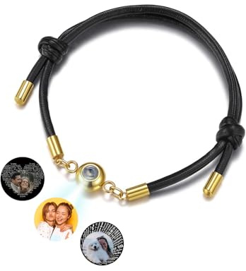 JSDDE Bracelet Projection Personnalisé Photo Image pour Homme Femme Bracelet Cordon Cuir avec Photo Projetée Intérieur Personnalisable Unisexes Bracelets Distance Mémorial Cadeau Couple (Noir+Or)