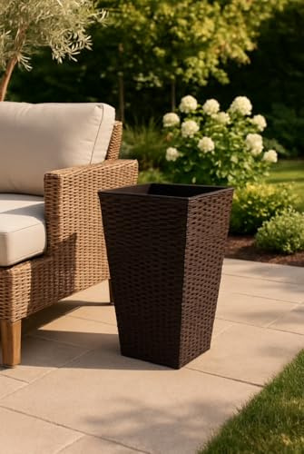 Tamersgifts Tall Square Plastic Rattan Indoor/Outdoor Planters (Brown Tall Rattan Planter 35cm Diameter x 55cm Height)